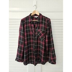 Beach Lunch Lounge Womens Button Up Shirt Purple Plaid  XL Boyfriend Long Sleeve